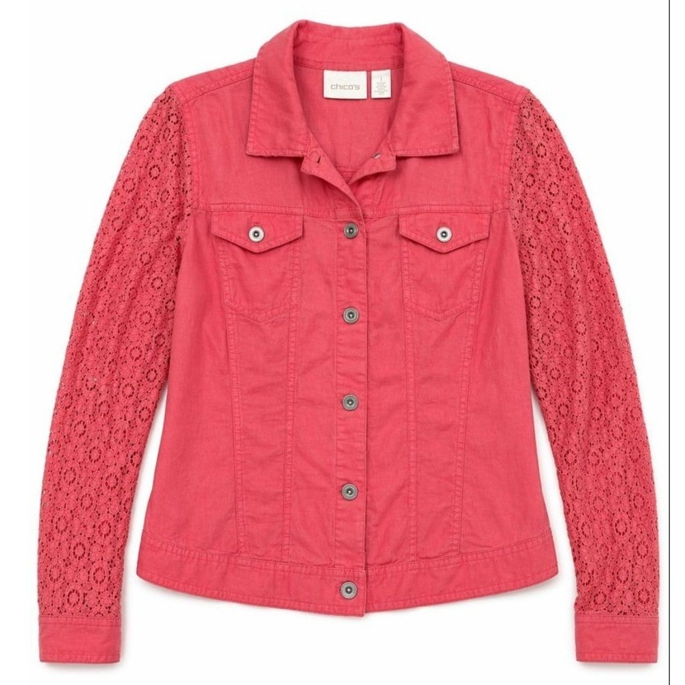 Chico's Linen Jacket Size 1 (US M)‎ Coral Lace Sleeve Button Front